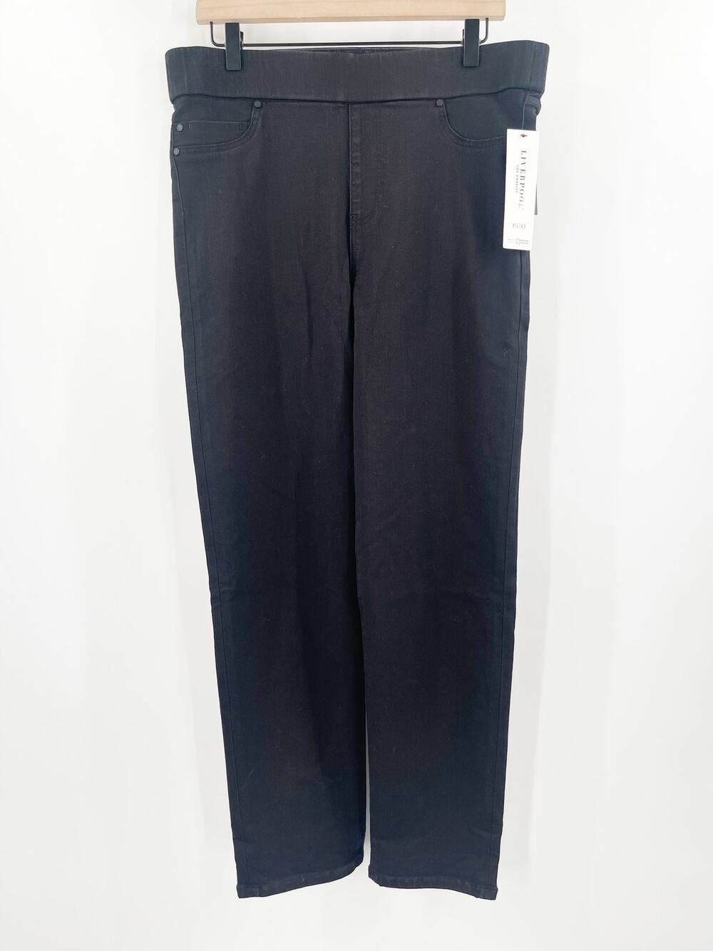 LIVERPOOL Eco Pull On Pants Size 12/31 NWT Black Rinse Stretch Denim Cotton